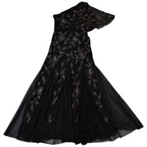 Adrianna Papell One-Shoulder Black Beaded Floral Evening Gown Sz 6